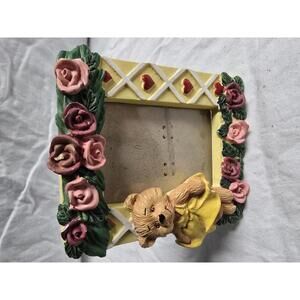 Adorable 3D Teddy Bear Picture Frame with Pink Roses - So Cute!